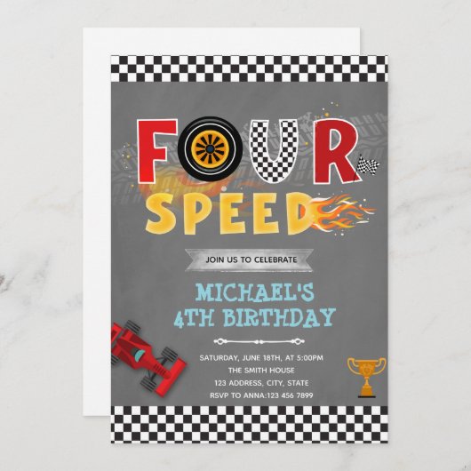 VIER-Speed-Geburtstagsfeier Einladung (Vorne/Hinten)