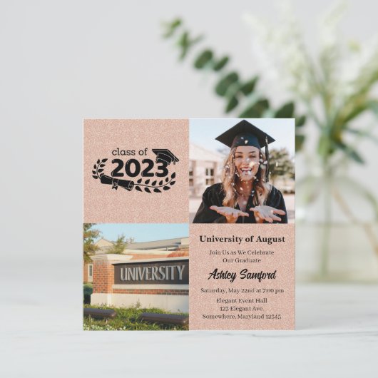 Vier Square Rose Gold Abschluss Einladung (Stehend Vorderseite)