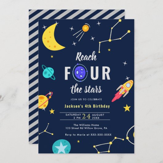 Vier Sterne 4. Geburtstag Einladung (Vorne/Hinten)