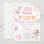 Vier Sterne Girls Space 4. Geburtstag Einladung (Vorne/Hinten)