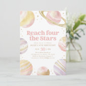 Vier Sterne Rosa Gold Space Geburtstag Einladung (Stehend Vorderseite)