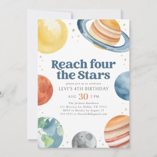 Vier Sterne Weltraum 4. Geburtstag Einladung (Vorderseite)