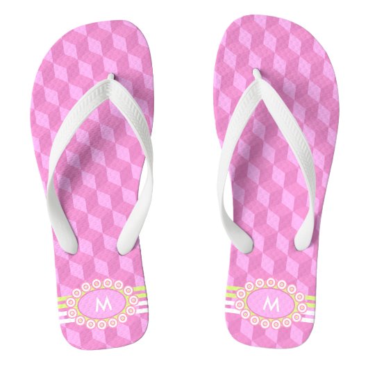 Vier Streifen Monogramm Rosa und Limone ID207 Badesandalen (Fußbett)