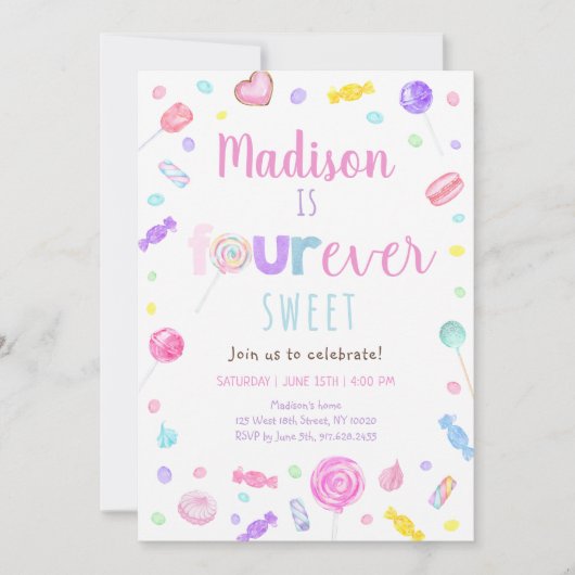 VIER Süßwarenladen zum Geburtstag Einladung (Vorderseite)