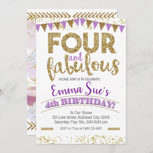 Vier und fabelhafte Mädchen Lila 4. Geburtstag Einladung (Vorne/Hinten)