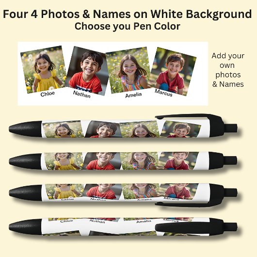 Vier viereckige Fotos und Namen, in Weiß auf Schwa Kugelschreiber