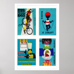 Vier Vintage-Streichholzschachtel-Etiketten Tschec Poster