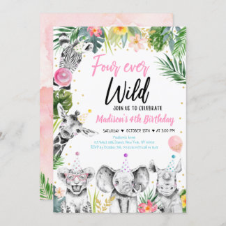 Vier Wild Tropical Safari Girl zum Geburtstag Einladung
