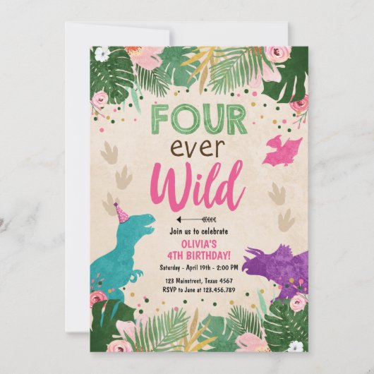 Vier Wilde Dino Girl Pink Dinosaur Geburtstag Einladung (Vorderseite)