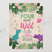 Vier Wilde Dino Girl Pink Dinosaur Geburtstag Einladung (Vorne/Hinten)