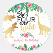 Vier Wilde Dinosaurier Mädchen 4. Geburtstag Runder Aufkleber (Vorderseite)