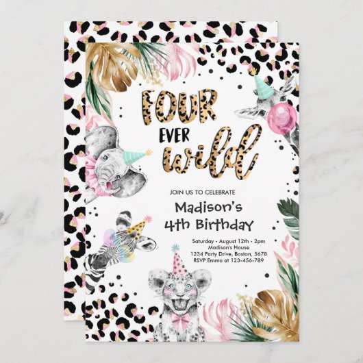 Vier Wilde Leopard Safari Tiere 4. Geburtstag Einladung (Vorne/Hinten)