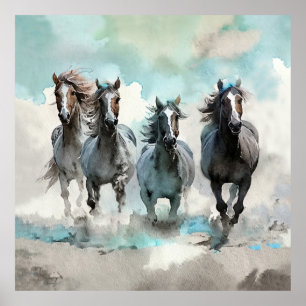 Vier wilde Mustangs galoppieren über die Prärie Poster