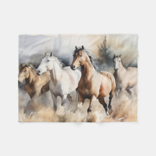 „Vier wilde Mustangs“ Staubige westliche Aquarellm Fleecedecke