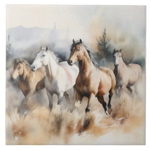 „Vier wilde Mustangs“ Staubige westliche Aquarellm Fliese
