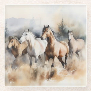 „Vier wilde Mustangs“ Staubige westliche Aquarellm Glasuntersetzer