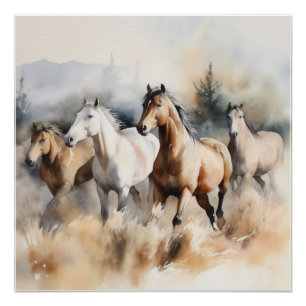 „Vier wilde Mustangs“ Staubige westliche Aquarellm Poster