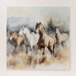 „Vier wilde Mustangs“ Staubige westliche Aquarellm Puzzle