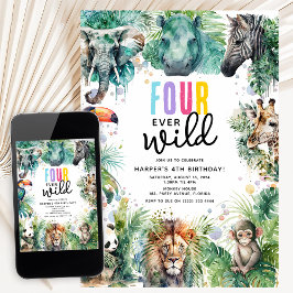 Vier wilde Safari-Tiere für einen coolen 4. Geburt Einladung