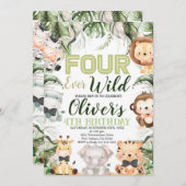 Vier Wildtiere, 4. Geburtstag, Jungtiere Einladung (Vorne/Hinten)