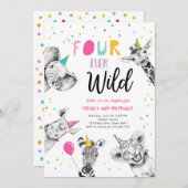 Vier Wildtiere im Party Safari Girl Geburtstag Einladung (Vorne/Hinten)