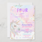 VIER Zauberhafte Regenbogen-Einhorn Gold Geburtsta Einladung (Vorderseite)