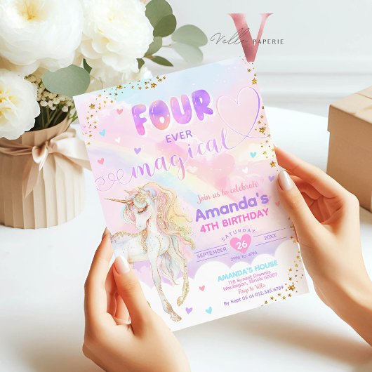 VIER Zauberhafte Regenbogen-Einhorn Gold Geburtsta Einladung