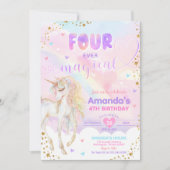 VIER Zauberhafte Regenbogen-Einhorn Gold Geburtsta Einladung (Vorderseite)