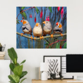 vier Zebrafinken nebeneinander auf Ast sitzend Poster (Heimbüro)