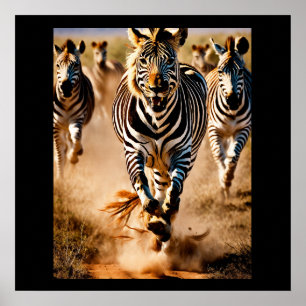 Vier Zebras laufen über die Savanne, während ein Poster