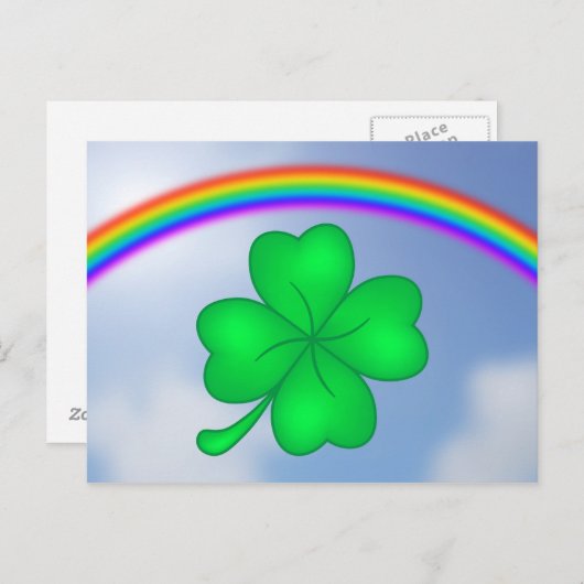 Vierblät triges Kleeblatt mit Regenbogen Postkarte (Vorne/Hinten)