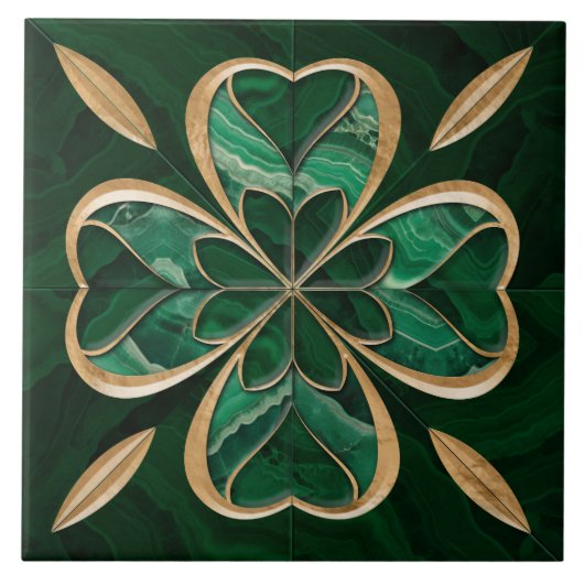 Vierblättriges Kleeblatt - Grüner Marmor und Gold Fliese (Vorderseite)