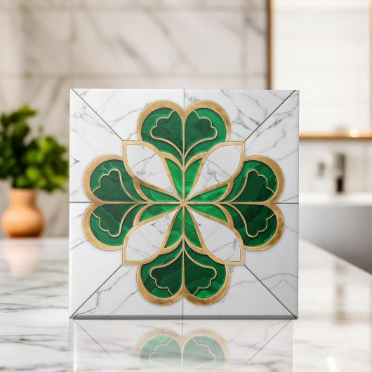 Vierblättriges Kleeblatt - Grüner und weißer Marmo Fliese