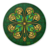 Vierblättriges Kleeblatt - grünes und goldenes Mos Keramikknauf (Vorderseite)