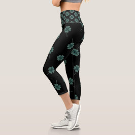 vierblättriges Kleeblatt Schwarze Farbe Capri Leggings