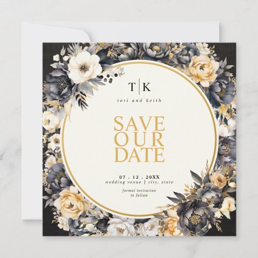 Viereckige Schwarz-Weiß-Schriftzüge Save the Date  (Vorderseite)