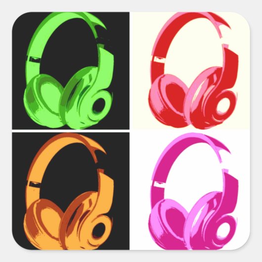 Vierfarbige Kopfhörer Pop Art Head Telefon Quadratischer Aufkleber (Vorderseite)