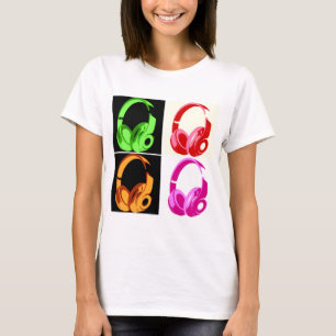Vierfarbige Kopfhörer Pop Art Head Telefon T-Shirt