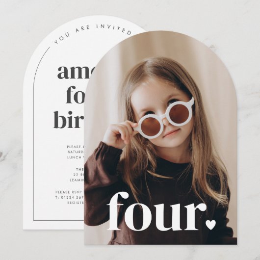 Vierherziges Foto 4. Geburtstag Einladung (Vorne/Hinten)