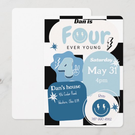 Vierjährige Jungs Geburtstag Einladung (Vorne/Hinten)