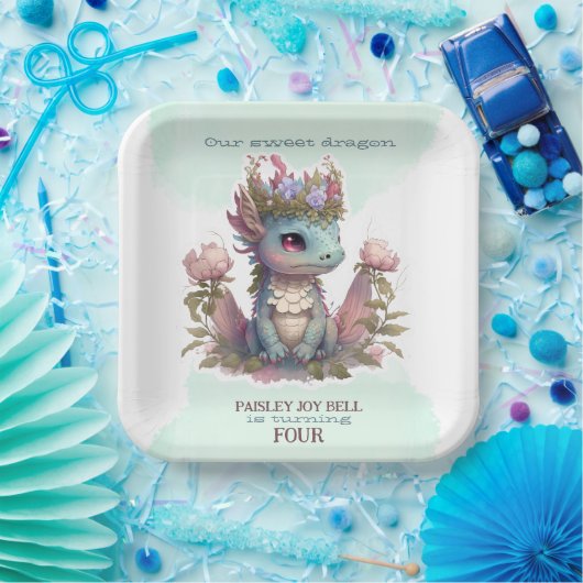 Vierjähriger Mädchendrache Pappteller (Party)