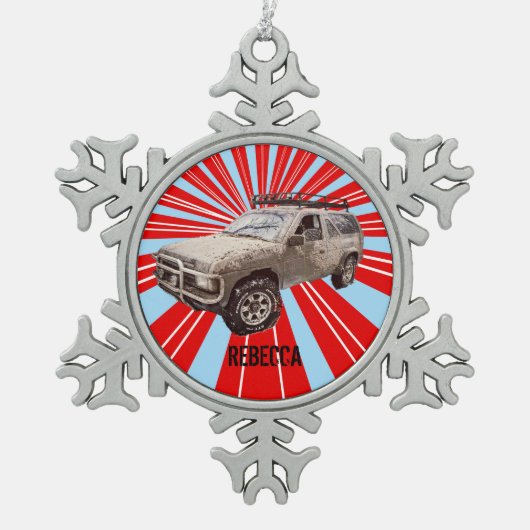 Vierradantrieb Schneeflocken Zinn-Ornament (Vorderseite)