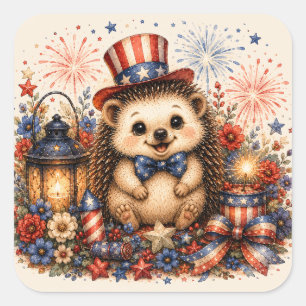 Viert-Juli-Feuerwerk-Igel-Wasserfarben-Kunst Quadratischer Aufkleber