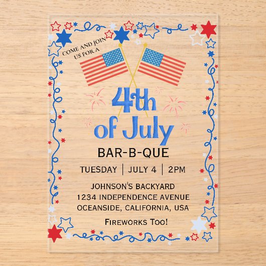 Vierte amerikanische Flag GRILLEN Fireworks Acryleinladungen (Vorderseite)