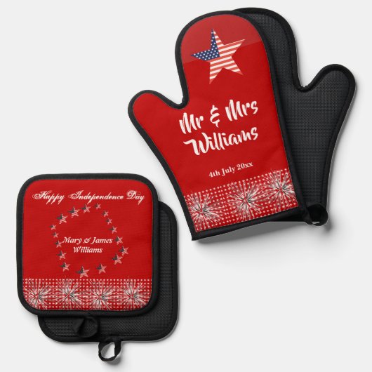 Vierte Juli Patriotic Mr. Modern Script Red Fun Ofenhandschuh & Topflappen-Set (Vorderseite/Rückseite)