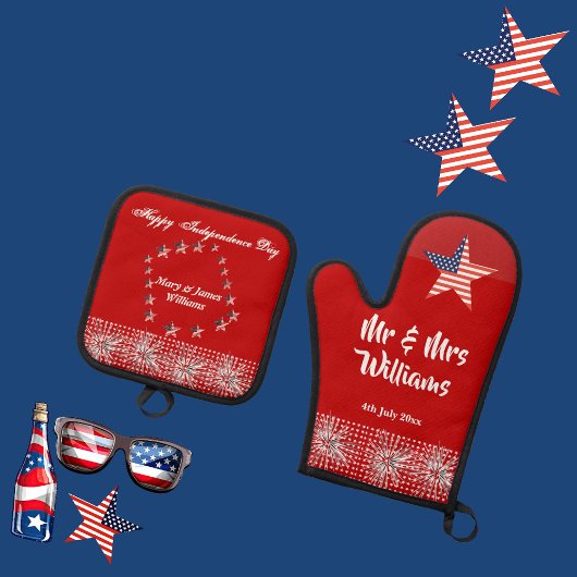 Vierte Juli Patriotic Mr. Modern Script Red Fun Ofenhandschuh & Topflappen-Set