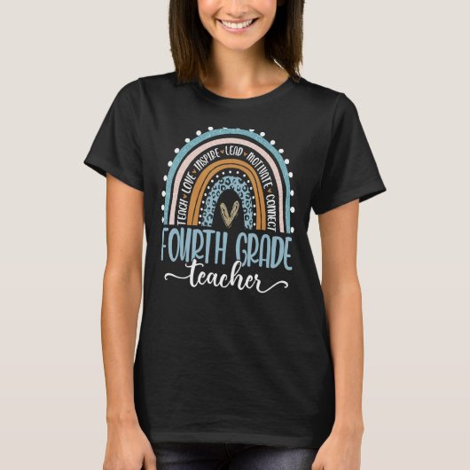 Vierte Klasse Lehrer Leopard Boho Rainbow zurück T-Shirt (Vorderseite)