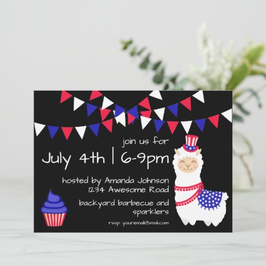 Vierte Llama-Party Einladung Juli (Stehend Vorderseite)