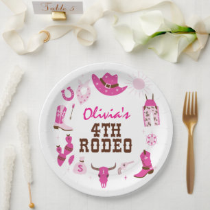 Vierte Rodeo Pink Western Cowboy 4. Geburtstag Pappteller