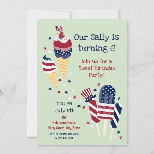 Vierte Sweet Birthday Girl Party Einladung Juli (Vorderseite)